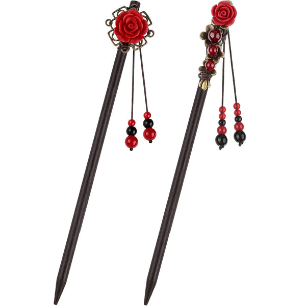 WILLBOND 2 Pieces Chinese Wooden Hair Sticks, Retro Hairpins, Japanese Classic Chopsticks, Handmade Flower Hair