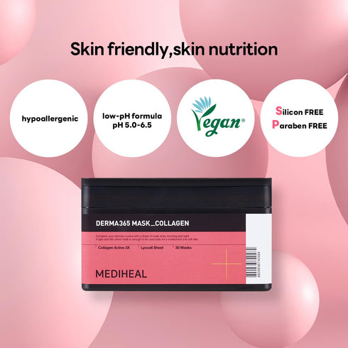 Mediheal Derma 365 Collagen Mask, 30 Masks - Daily Skin Care Mask for Firm Moisturizing with Collagen Active