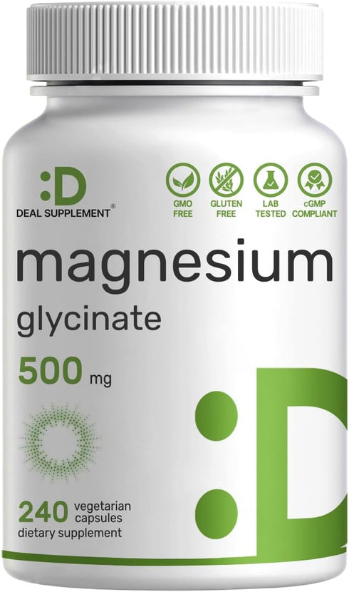 Magnesium Glycinate 500mg, 240 Veggie Capsules, Chelated for Easy Absorption for Muscle and Joint Health