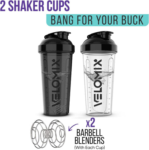 2 Pack 28 oz Protein Shaker Bottles - Leak Proof Shaker Cups for Protein Mixes with 2x Wire Whisk, Black & Transparent
