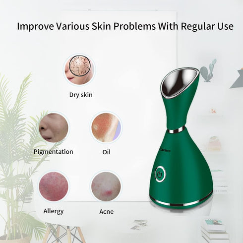 Nano Ionic Facial Steamer with Warm Mist - Moisturizing Face Steamer and 4 Piece Skin Kit for Home SPA (Green)
