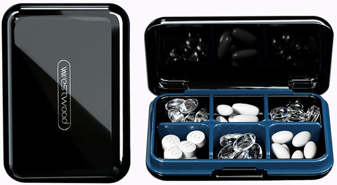 DUBSTAR Small Pill Organizer, Waterproof Travel Pill Box with 6 Compartments for Pocket Purse, Black Medicine Holder