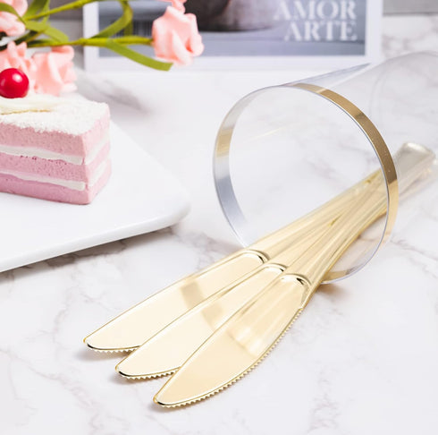 N9R 72 Pack Gold Plastic Knives, Durable Heavy Duty Utensils for Parties, Weddings, and Events