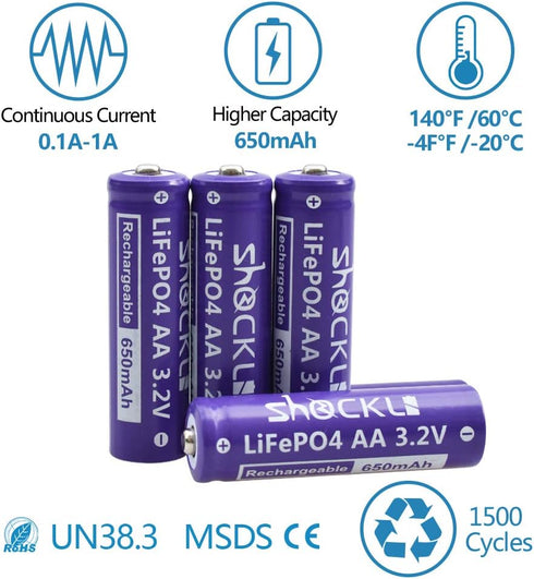 Shockli AA 3.2V LiFePo4 650mAh Battery (4 Pack), Ideal for Solar Garden Light
