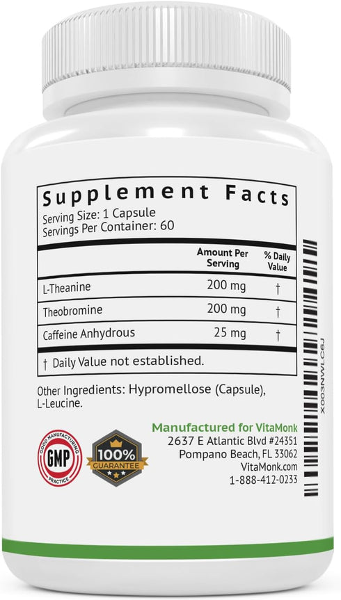 VitaMonk Low Dose Caffeine and Theanine - Microdose of Caffeine L Theanine Pills with 25mg Caffeine, No Jitters, No