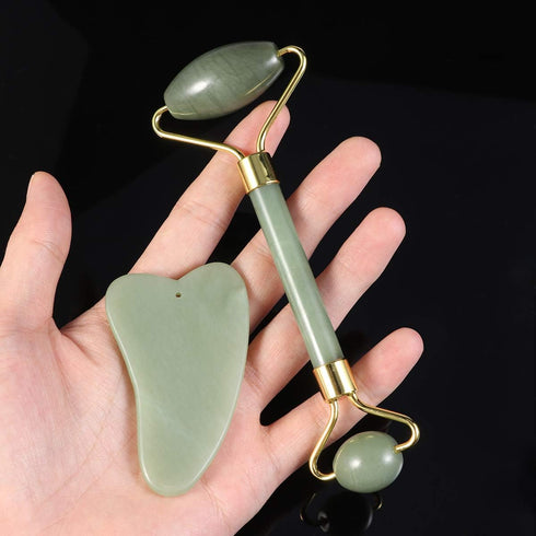 rosenice Set 5.90X1.96X1.18In Green-Set Jade Beauty Vessel Gua Sha Massage Tool with Roller and Scraping Plate