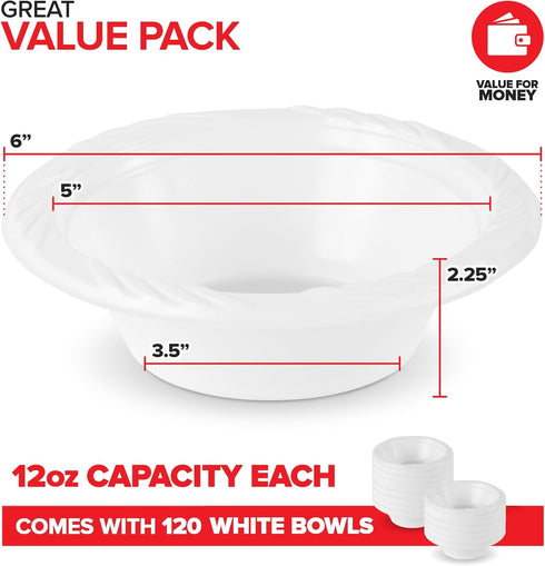 Stock Your Home (120 Pack) 12 oz Elegant White Plastic Bowls for Parties Small Disposable Bowl for Fancy Dinner or Cocktail Party, Soup and Salad, Thick and Sturdy by Stock Your Home