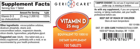 GeriCare Vitamin D 25mcg Tablets Dietary Supplement, 100 Count (Pack of 1)