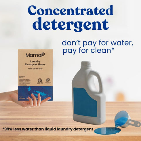 MamaP 100% Packaging, 60 Powerful Laundry Detergent Sheets, Fragrance-Free and Hypoallergenic, Natural Ingredients