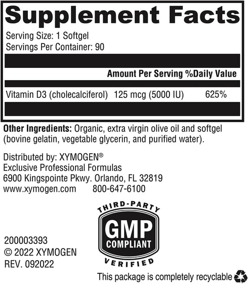 XYMOGEN D3 5000 - Bioavailable Vitamin D3 5000 IU - Immune, Bone & Heart Health - 90 Softgels