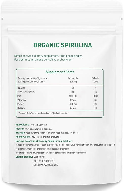 Spirulina Powder Organic, Organic Spirulina Superfood Powder, Natural Antioxidants & Vitamins Supplement, Pure Vegan Protein for Immune Support, Non-GMO. Gluten-Free, 1 Pound (16 Ounce)