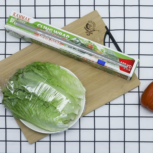 KAMMAK 12 inch 2 Pack 300 Plastic Wrap, Food Wrap with Slide Cutter, Cling Wrap Food Service Clear Cling Film Square FT