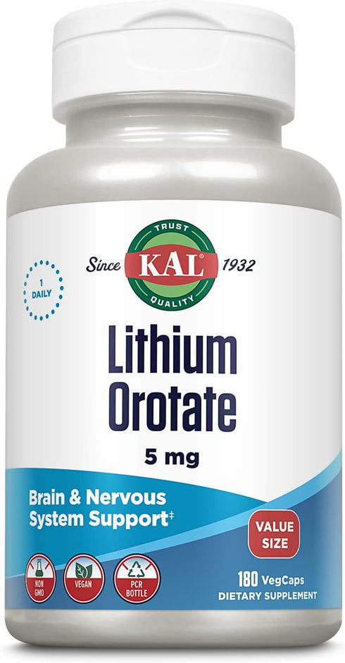 KAL Lithium Orotate 5mg - Low Dose Lithium Supplement for Brain and Mood Support, 180 VegCaps