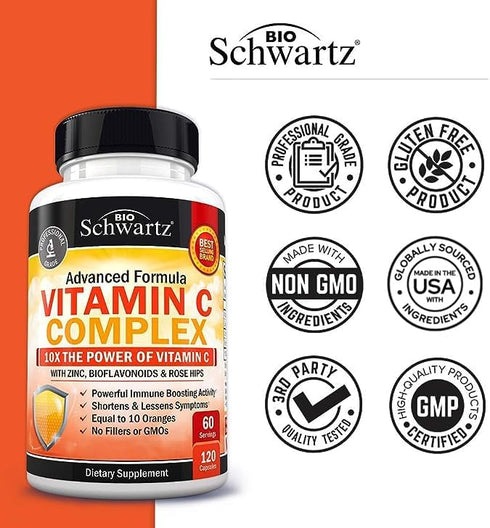 Vitamin C Complex Supplement - 1000mg Capsules with Rose HIPS, Zinc, Citrus Bioflavonoids - 120 Count