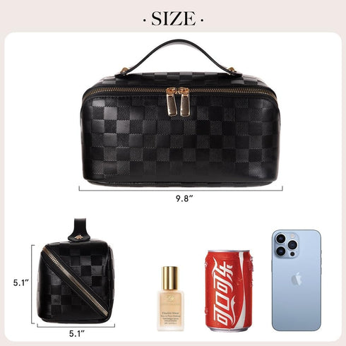 Large Capacity Checkered Makeup Bags Portable Travel Cosmetic Bags Open-Flat Toiletry Waterproof Bag for Women Girls Make up Organizer with Divider and Handle Pouch Zipper Bag (A-Black)