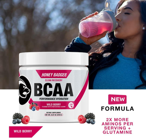 Honey Badger BCAA + EAA Amino Acids Electrolytes Powder, Wild Berry, 30 Servings for Men & Women