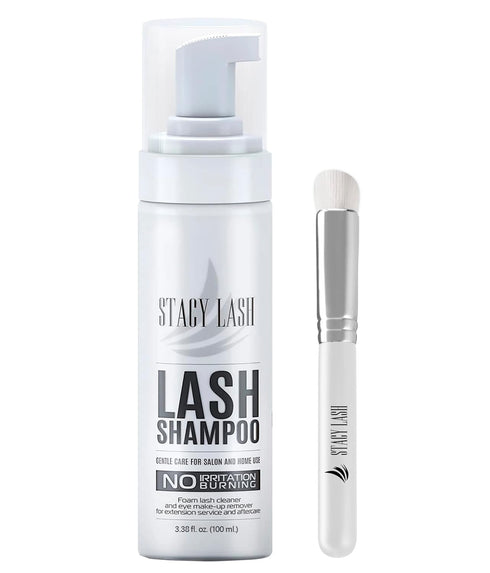STACY LASH Eyelash Extension Shampoo + Brush, 3.38 fl.oz / 100ml Eyelid Foaming Cleanser for Extensions & Natural Lashes
