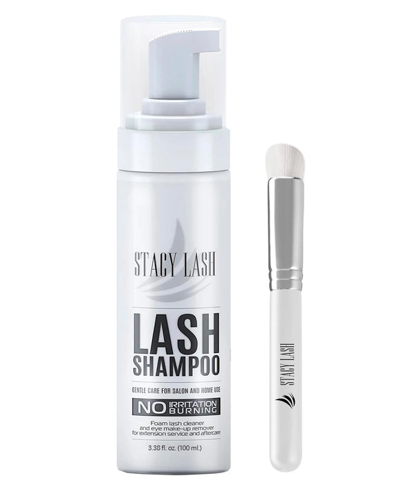 STACY LASH Eyelash Extension Shampoo + Brush, 3.38 fl.oz / 100ml Eyelid Foaming Cleanser for Extensions & Natural Lashes