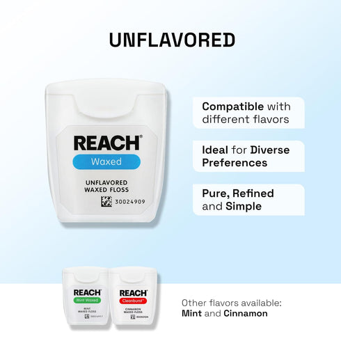 REACH Waxed Dental Floss, Unflavored, 6 Pack, 55 yd, Deep Cleaning Teeth, PFAS Free