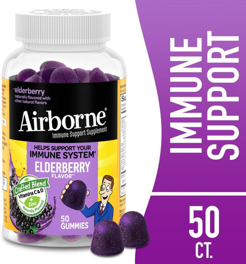 Gummies Immune Gummies 50 Gummies, Airborne Elderberry + Zinc & Vitamin C For Adults, Support Vitamin D & Zinc