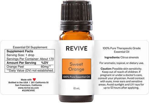 Sweet Orange Essential Oil by REVIVE Essential Oils - 100% Pure Therapeutic Grade, for Diffuser, Humidifier, Massage, Aromatherapy, Skin & Hair Care