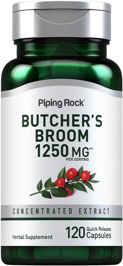 Piping Rock Butchers Broom Capsules | 1250 mg | 120 Count | Herb Root Extract, Non-GMO, Gluten Free