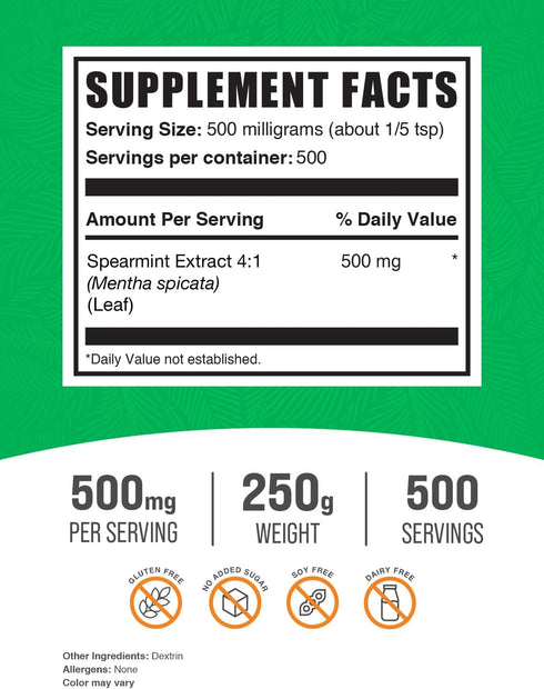 BulkSupplements.com Spearmint Extract Powder - Spearmint Supplement, Spearmint Powder - Spearmint Extract Food Grade, Gluten Free, 500mg per Serving, 250g (8.8 oz) (Pack of 1)