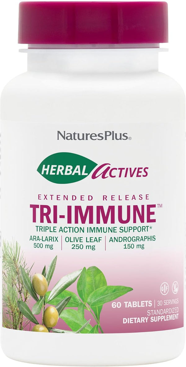 Natures Plus Herbal Actives Tri Immune Supplement - Olive Leaf, Arabinogalactans, Andrographis & Vitamin C, 60 Vegan