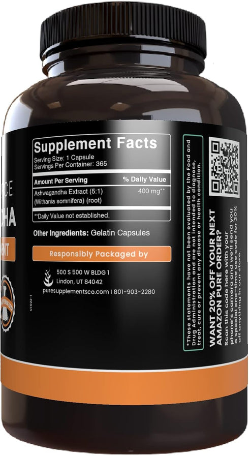 Ashwagandha (365 Capsules) by Pure Original Ingredients - Always Pure, No Magnesium or Rice Fillers, Lab Verified