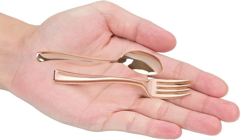 48Pcs Party Disposable Plastic Mini Forks and Spoons Set, Polished Gold Cutlery for Small Appetizers and Desserts