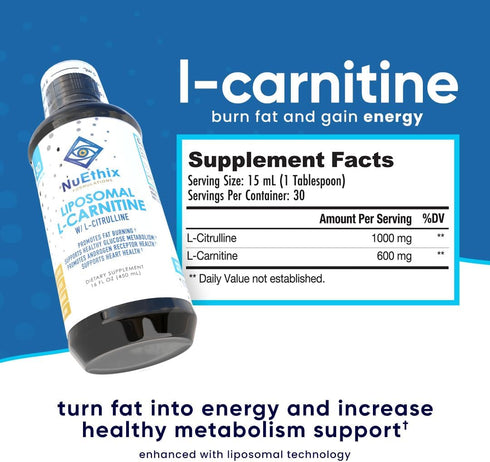 NuEthix Formulations Liposomal L-Carnitine Supplement - 600mg with L-Citrulline for Healthy Weight Management