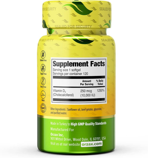 ORZAX Vitamin D3 10000 iu (250 mcg), 1 Year Supply for Strong Muscle Function & Immune Support, Mood Supplement for