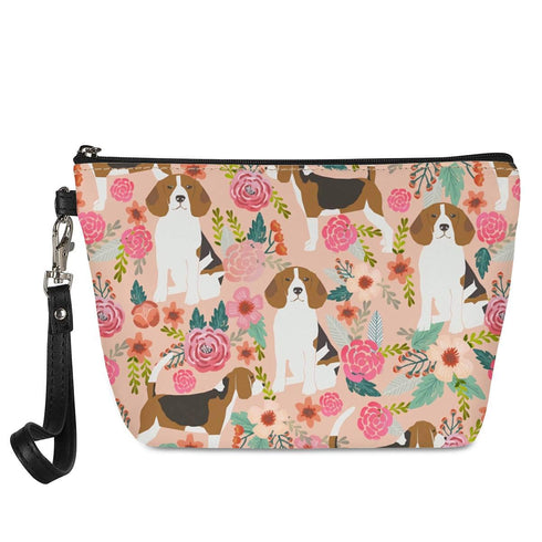 Mumeson Small Toiletry Cosmetic Handy Bag for Women, Pink Floral Beagles Zipper Closure Travel Pouch