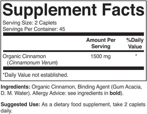 Brieofood Organic Cinnamon 1500mg, 90 Vegetarian Tablets, 45 Servings, Gluten Free, Vegetarian