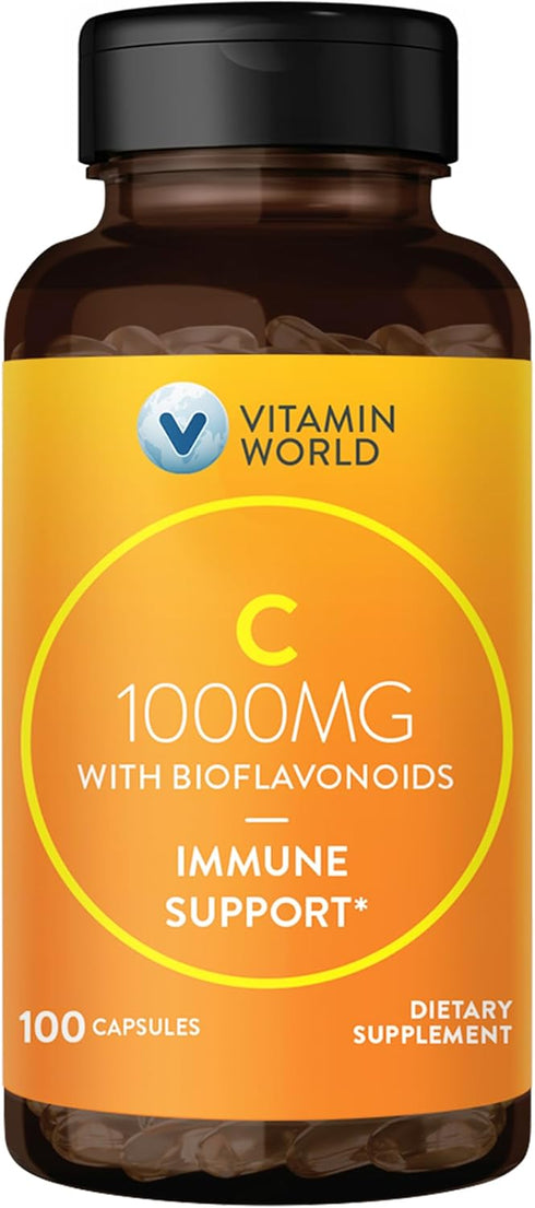 Vitamin World Vitamin C 1000 mg with Bioflavonoids - 100 Capsules for Immune Support & Antioxidant Protection
