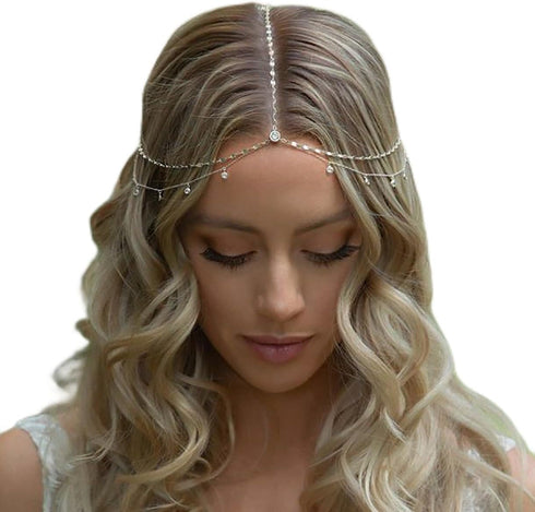 STONEFANS Silver Rhinestone Head Chain Jewelry, Layered Wedding Headpiece Hair Accessories for Women and Girls