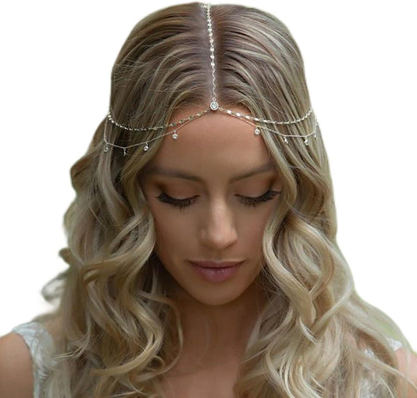 STONEFANS Silver Rhinestone Head Chain Jewelry, Layered Wedding Headpiece Hair Accessories for Women and Girls
