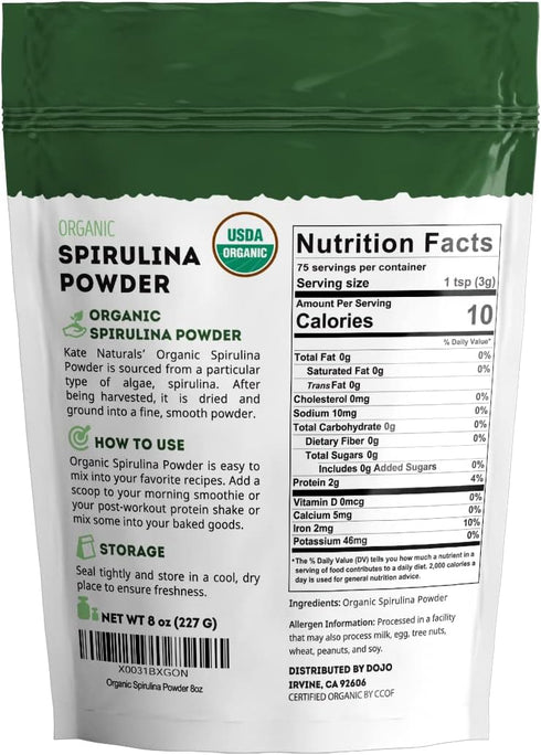 Kate Naturals Organic Spirulina Powder for Immune Support and Antioxidants, Nutrient Dense Superfood Supplement (8 oz)