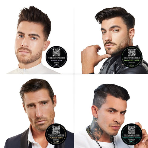 Men's Premium Hair Styling Sample Pack - Four 0.25oz Samples of Matte Wax, Forming Paste, Thickening Fiber, Pomade