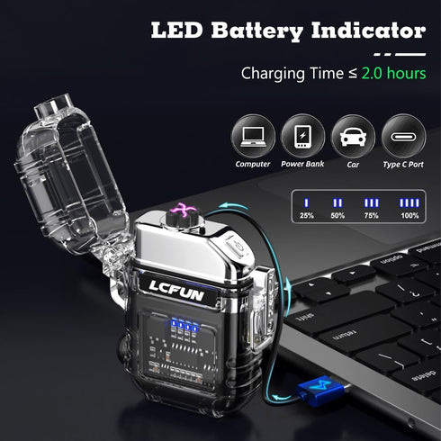 LcFun USB C Rechargeable Lighter - Waterproof Electric Plasma Arc Lighter with Battery Display for Camping