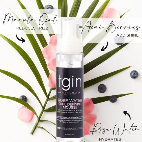 tgin Rose Water Defining Mousse for Natural Hair - Curls, Waves, Low Porosity Hair, 8oz