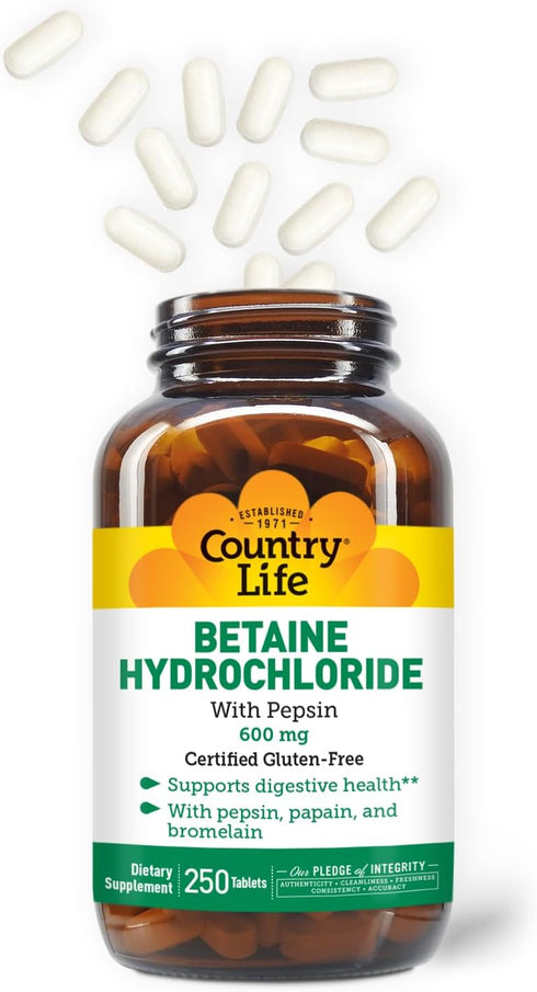 Country Life Betaine Hydrochloride with pepsin 600 mg - 250 Tablets