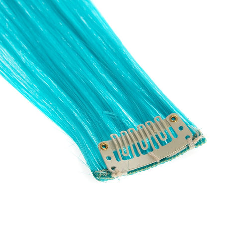 SWACC 12 Pcs Straight One Color Clip on Party Highlights Hair Extensions, Synthetic Hairpieces (Teal Blue)