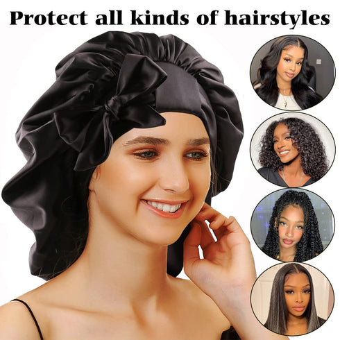 Large Round Satin Bonnet Sleep Cap for Women - Double-Layer Silky Hair Bonnet with Tie Band for Braids/Curly/Long Hair