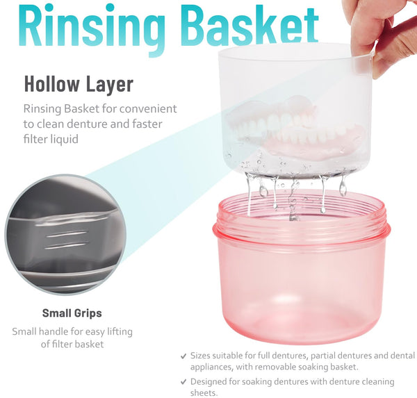 Leak Proof Denture Cups Bath, Dishwasher Safe Denture Case for Soaking Full & Partial Dentures, with Cleaner Brush