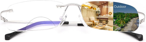 K.LAVER Rimless Bifocal Reading Glasses, Transition Photochromic UV400 Protection Sun Readers, Titanium Eyewear for Men