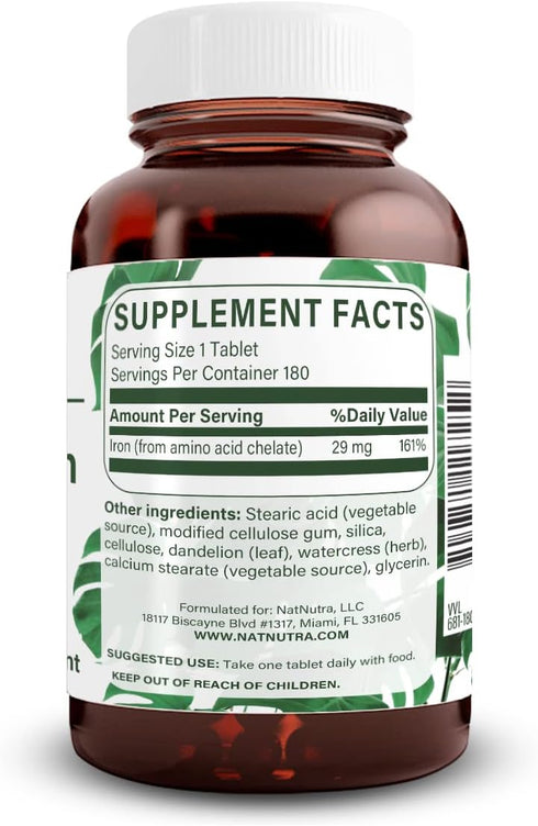 Natural Nutra Chelated Iron Supplement for Men & Women, 180 Tablets for Optimal Absorption, Hair & Skin Health