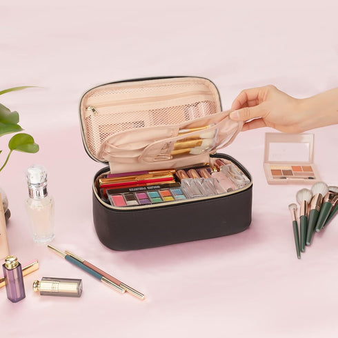 OCHEAL Small Black Cosmetic Bag, Portable Cute Travel Makeup Pouch for Women & Girls, Makeup Brush Organizer