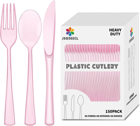 150 Pack Plastic Silverware, Disposable Heavy Duty Utensil Set, 50 Forks, 50 Knives, 50 Spoons for Parties and Events
