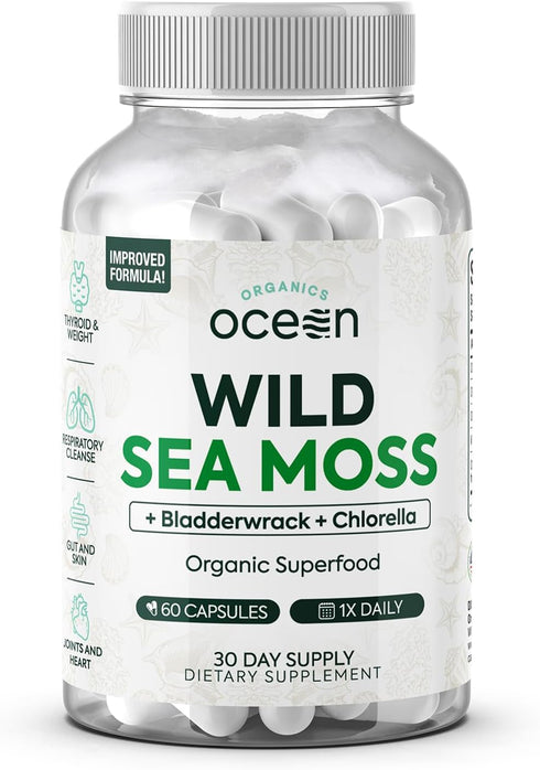 Wild Sea Moss Capsules - 100% Organic Irish Sea Moss with Chlorella, Bladderwrack, Vitamin D for Energy, Lung Health,